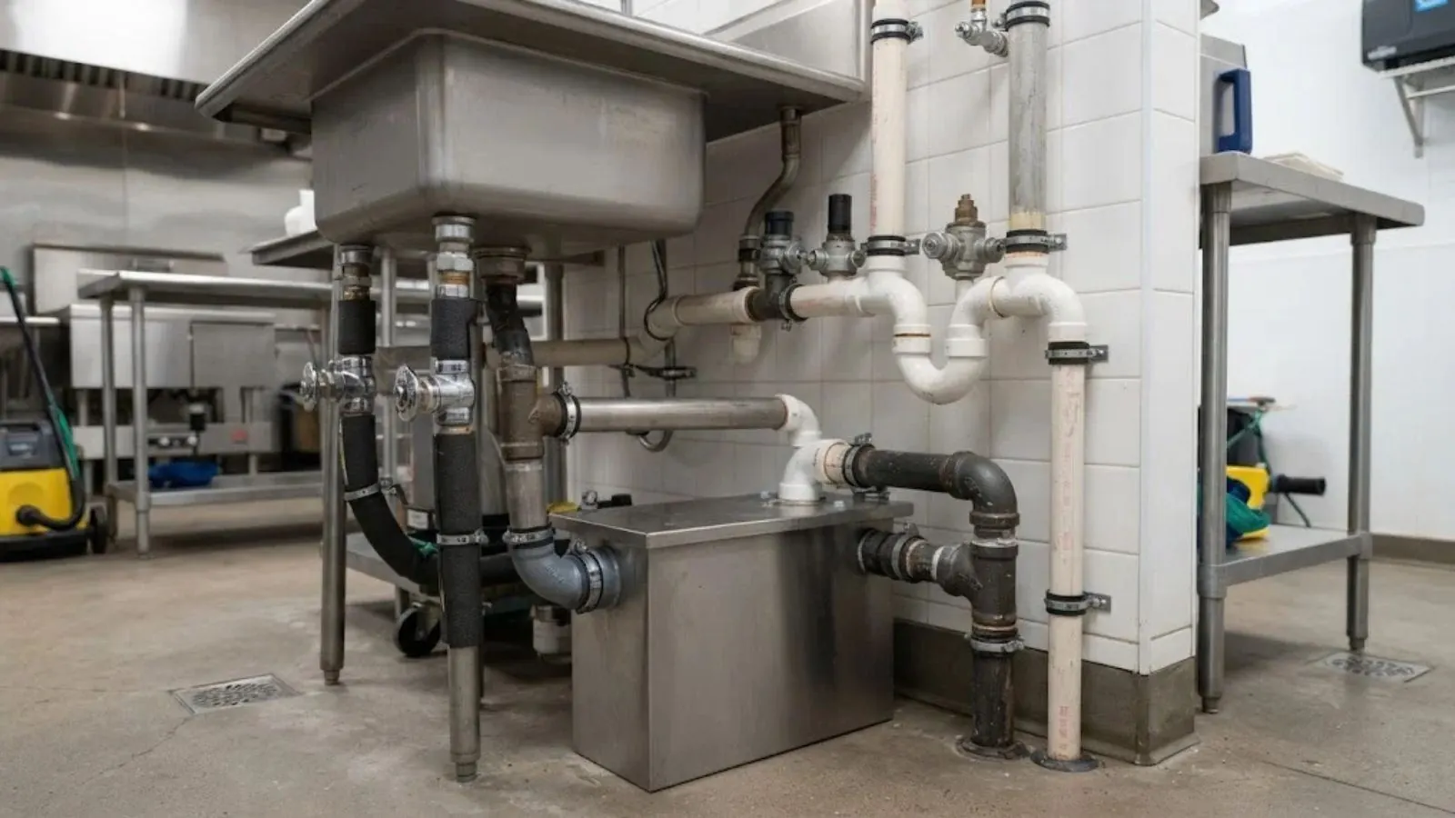 Commercial kitchen plumbing with a floor-mounted grease interceptor and sink drains