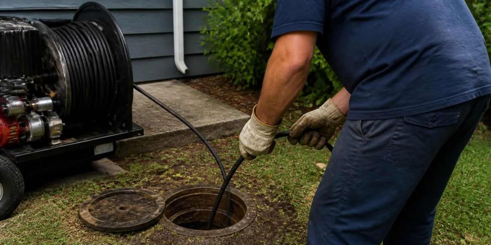 Technician running a cable reel into a sewer cleanout in a front yard